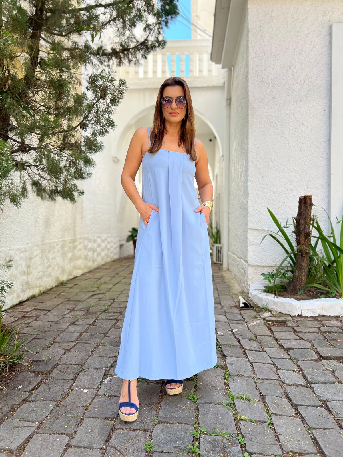 Vestido Longo Pregas Crepe