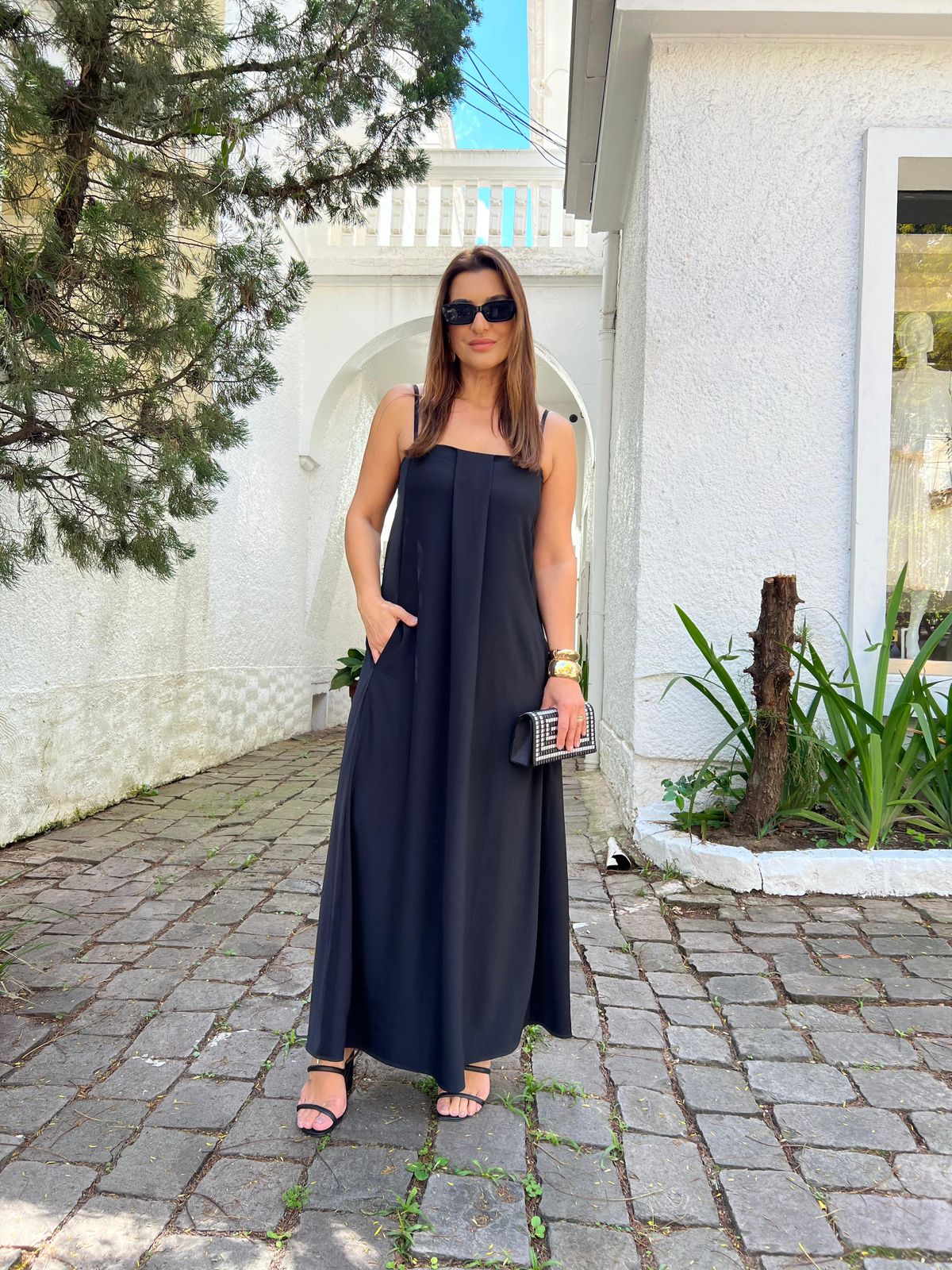 Vestido Longo Pregas Crepe