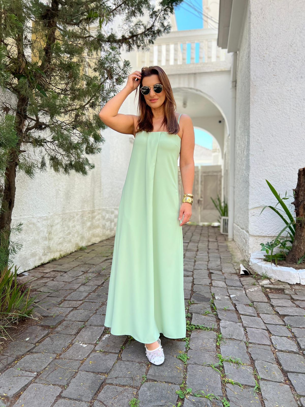 Vestido Longo Pregas Crepe