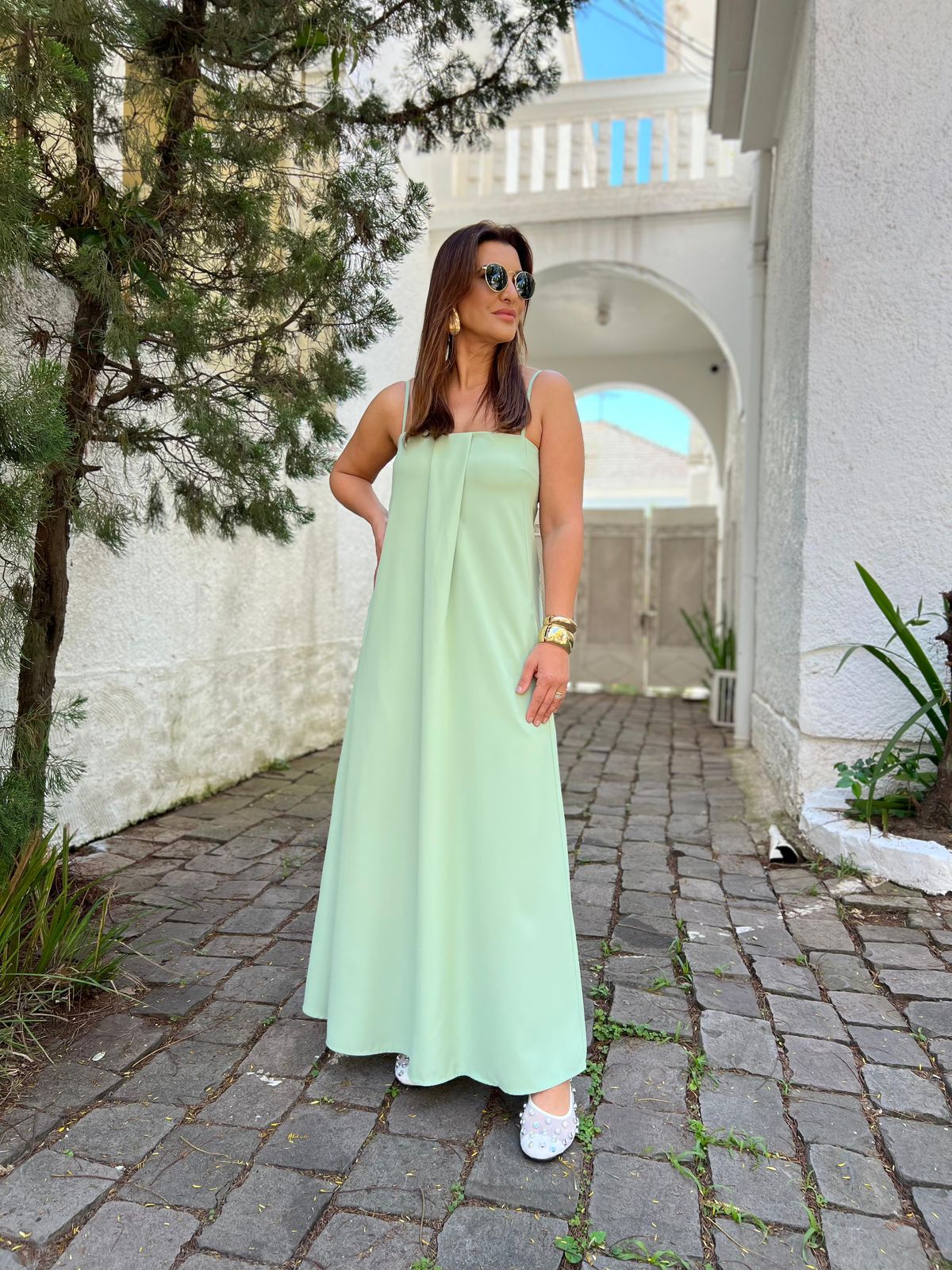 Vestido Longo Pregas Crepe